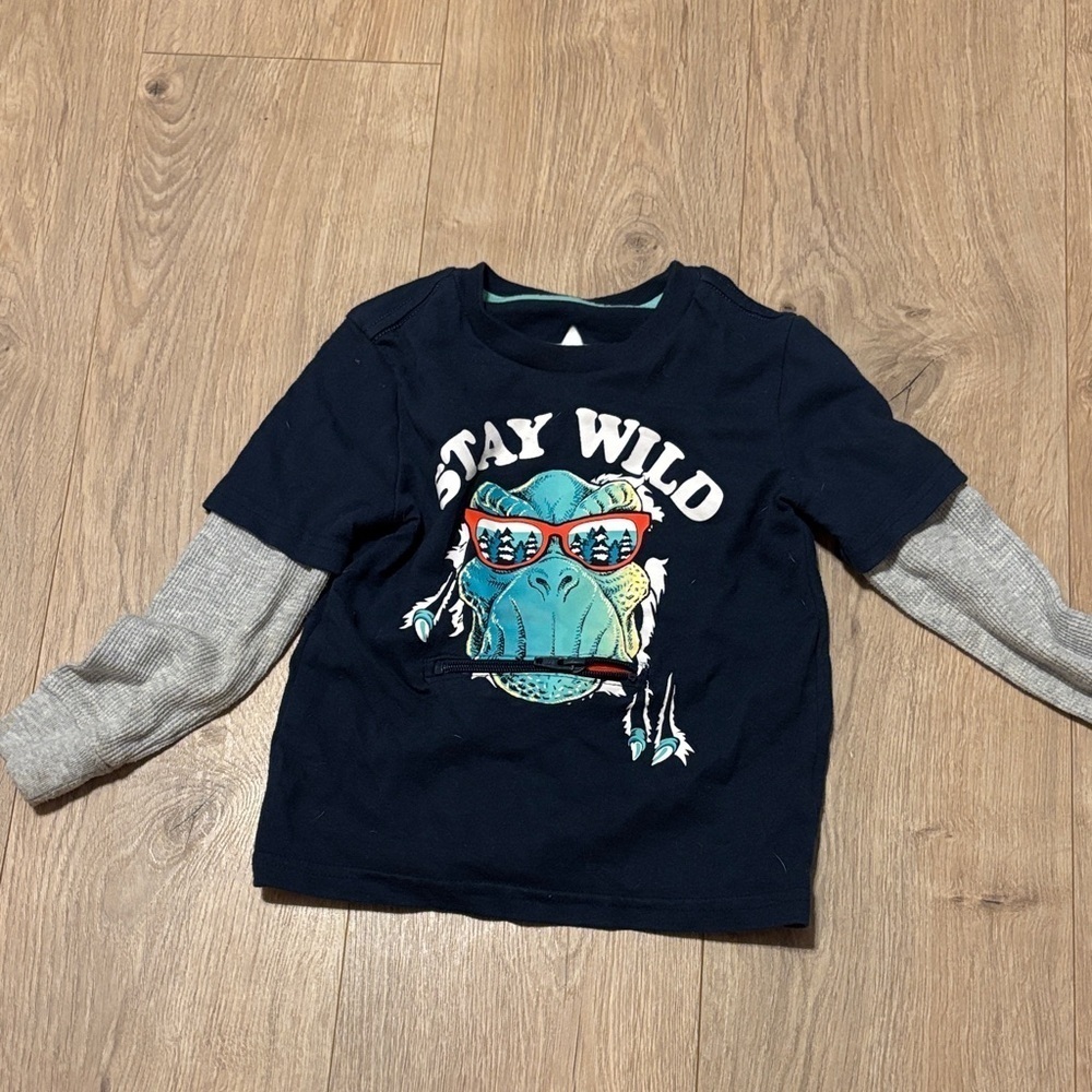 Stay Wild Kids Dinosaur Shirt - Navy Blue Zipper pocket
